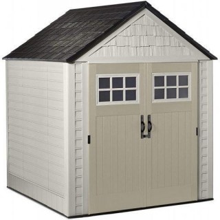 7×7 Ft Durable Weather Resistant Resin Outdoor Garden Storage Shed with Windows and Utility Hooks, Sand