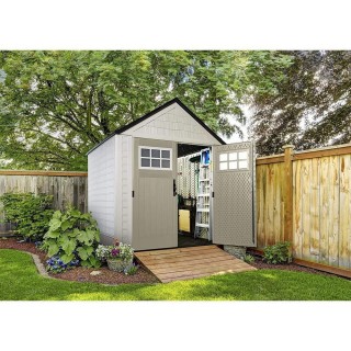 7×7 Ft Durable Weather Resistant Resin Outdoor Garden Storage Shed with Windows and Utility Hooks, Sand