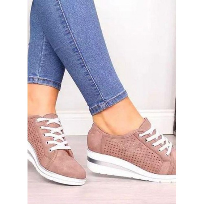Women's Lace-up Hollow-out Closed Toe Wedge Heel Sneakers