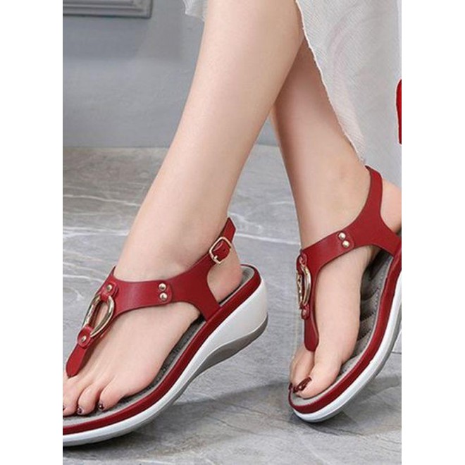 Women's Buckle Round Toe Flip-Flops Leatherette Flat Heel Sandals