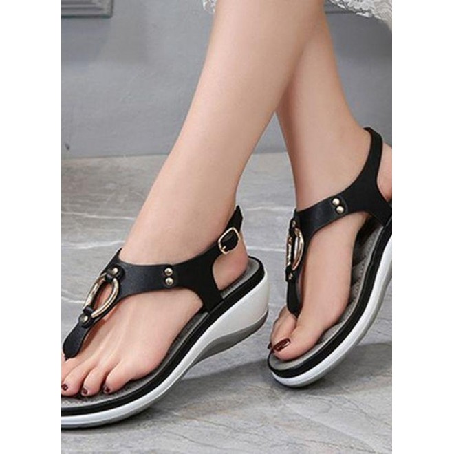 Women's Buckle Round Toe Flip-Flops Leatherette Flat Heel Sandals