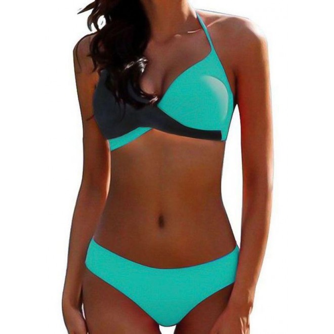Plus Size Polyester Halter Color Block Bikinis Swimwear
