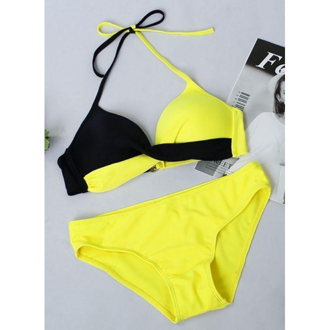 Plus Size Polyester Halter Color Block Bikinis Swimwear