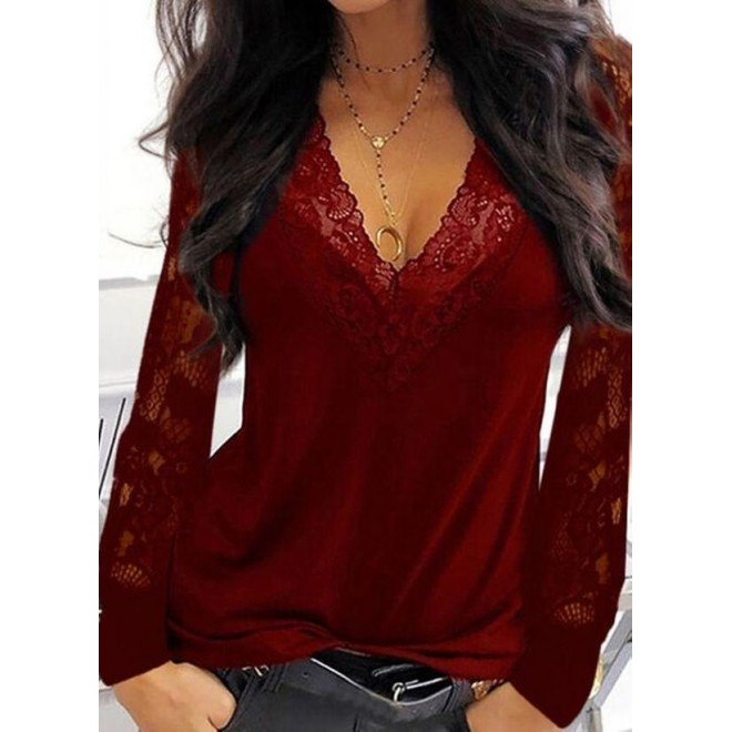 Solid V-Neckline Long Sleeve Sexy T-shirts