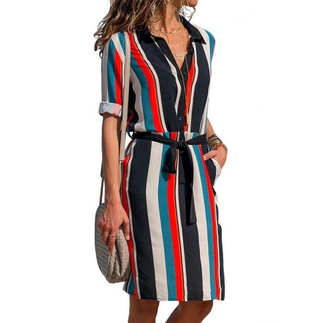 Casual Color Block Collar Knee-Length X-line Dress