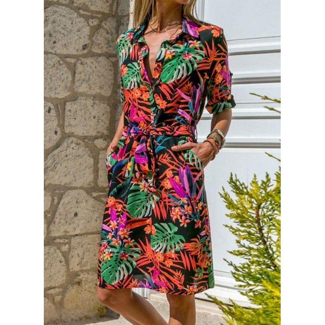 Casual Color Block Collar Knee-Length X-line Dress