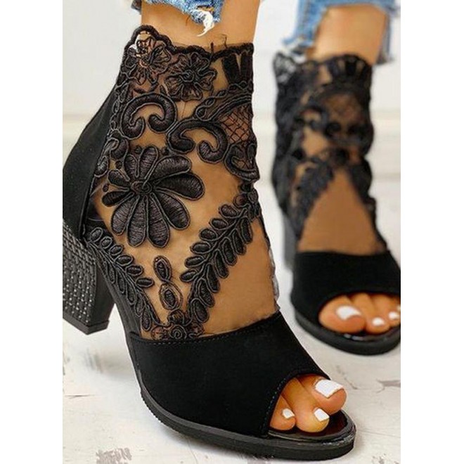 Women's Flowerels Fabric Chunky Heel Sandals