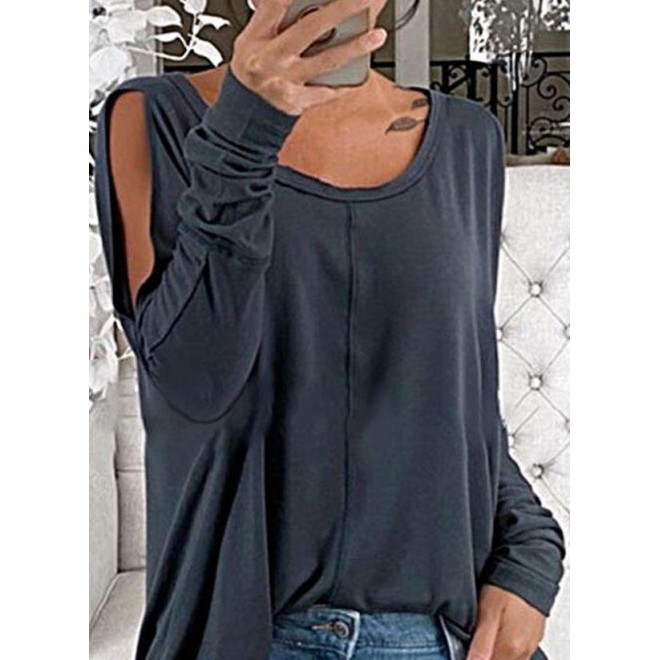 Solid Round Neck Long Sleeve Casual T-shirts