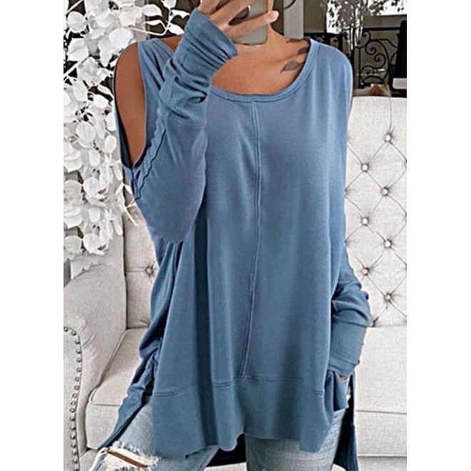 Solid Round Neck Long Sleeve Casual T-shirts