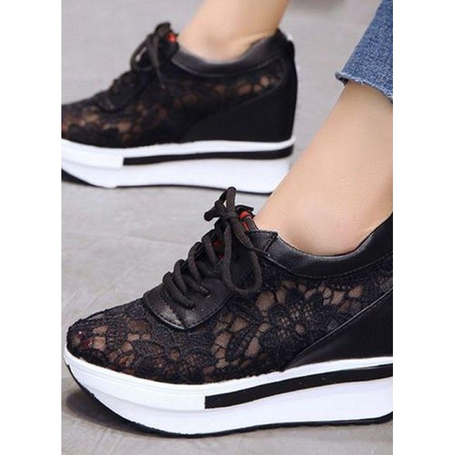 Women's Lace-up Flats Fabric Flat Heel Sneakers Platform Slides