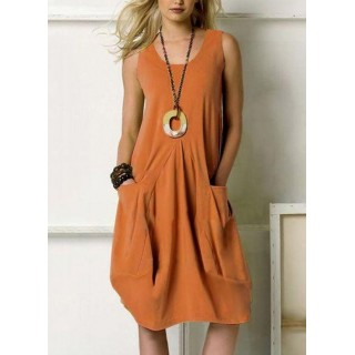 Casual Solid Tunic Round Neckline A-line Dress