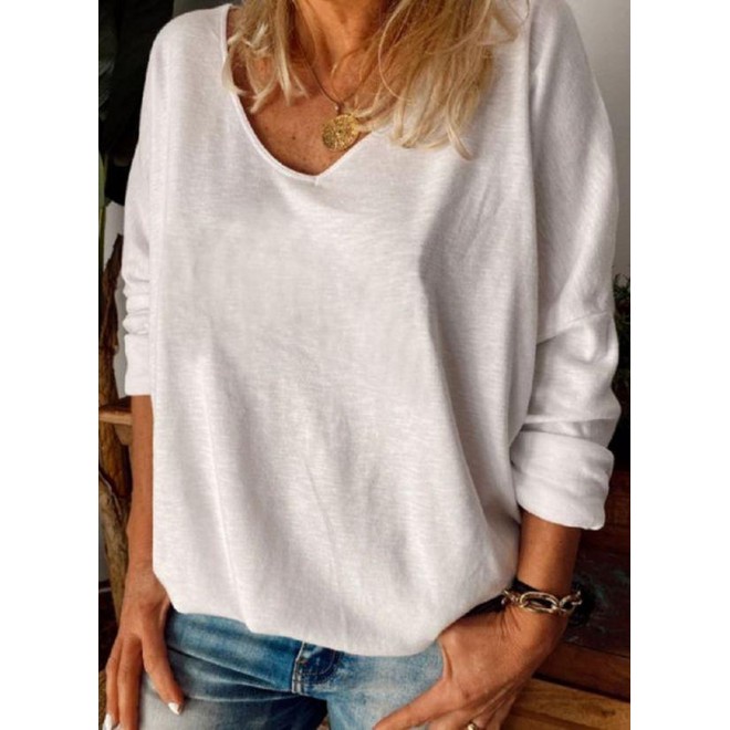 Solid V-Neckline Long Sleeve Casual T-shirts