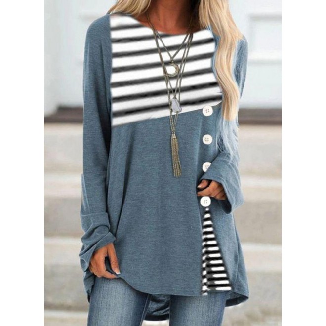 Stripe Round Neck Long Sleeve Casual T-Shirt