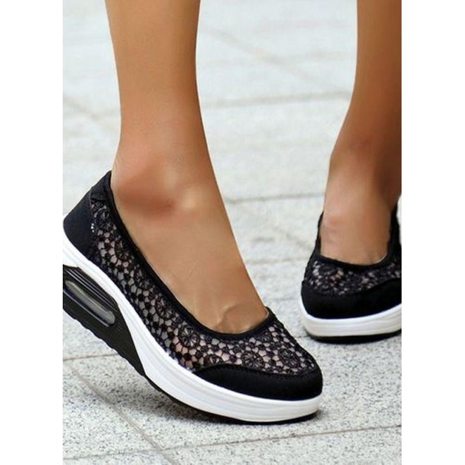 Women's Hollow-out Closed Toe Lace Wedge Heel Sneakers