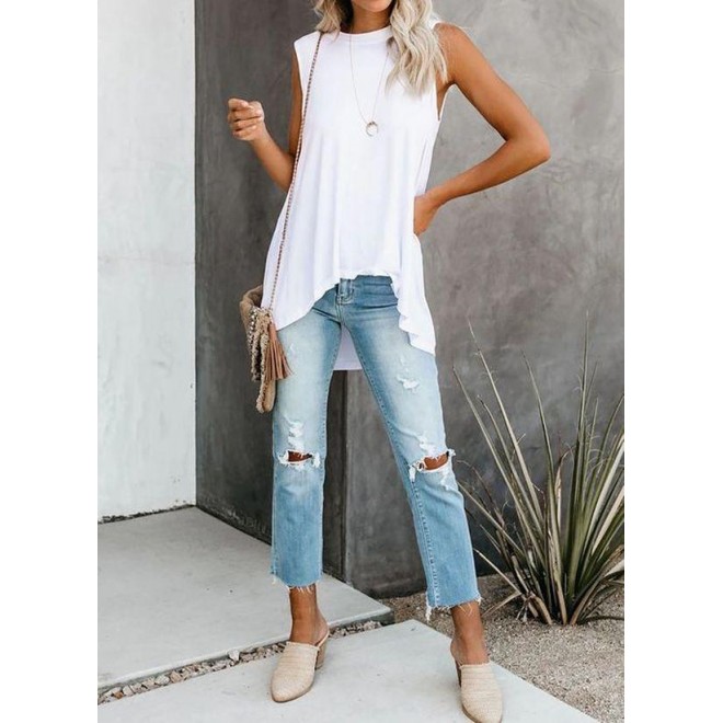 Solid Casual Round Neckline Sleeveless Blouses