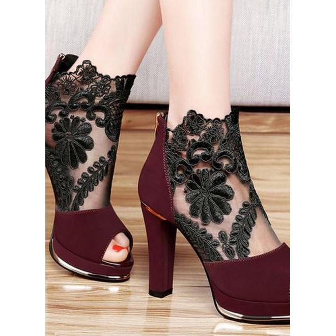 Women's Zipper Flower Peep Toe Heels High Top Lace Chunky Heel Sandals