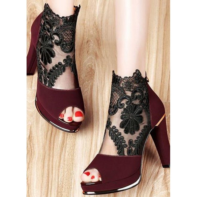 Women's Zipper Flower Peep Toe Heels High Top Lace Chunky Heel Sandals