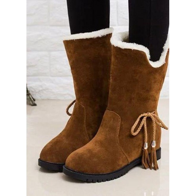 Women's Lace-up Mid-Calf Boots Closed Toe Nubuck Low Heel Boots