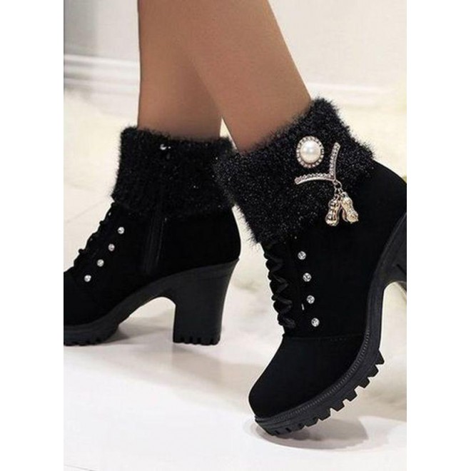 Women's Lace-up Ankle Boots Fabric Chunky Heel Boots
