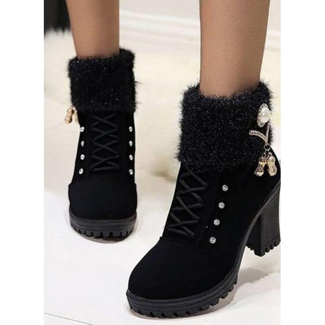 Women's Lace-up Ankle Boots Fabric Chunky Heel Boots