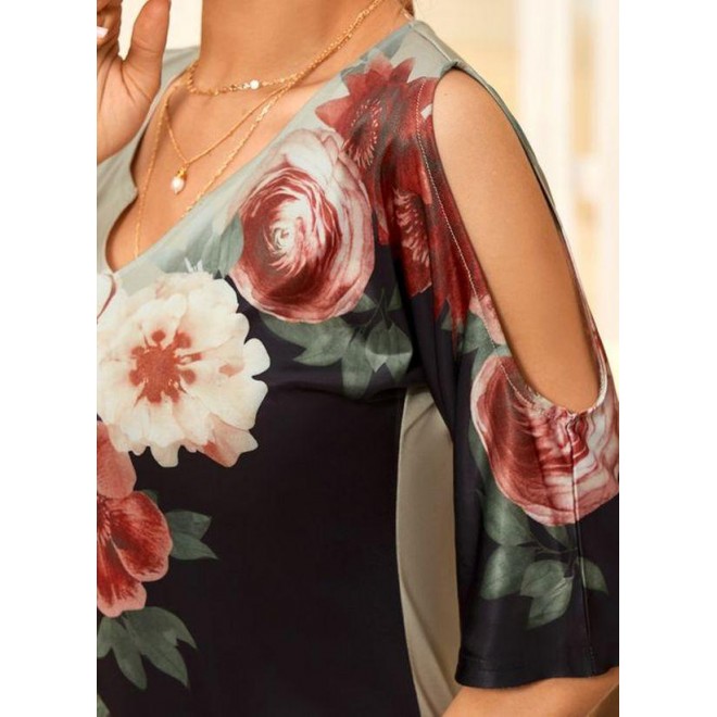 Casual Floral V-Neckline Midi X-line Dress