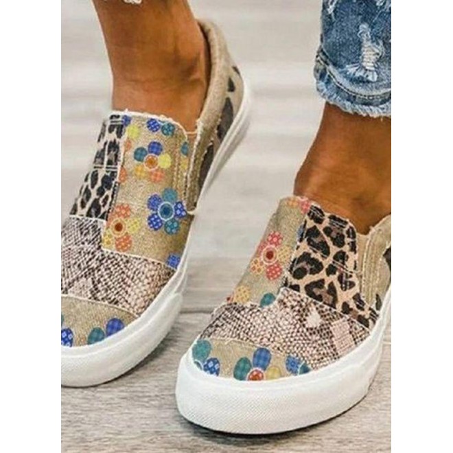 Women's Leopard Round Toe Cotton Flat Heel Sneakers