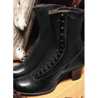 Women's Button Ankle Boots Round Toe Chunky Heel Boots