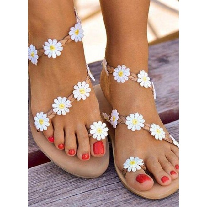 Women's Flower Slingbacks Toe Ring Flat Heel Sandals