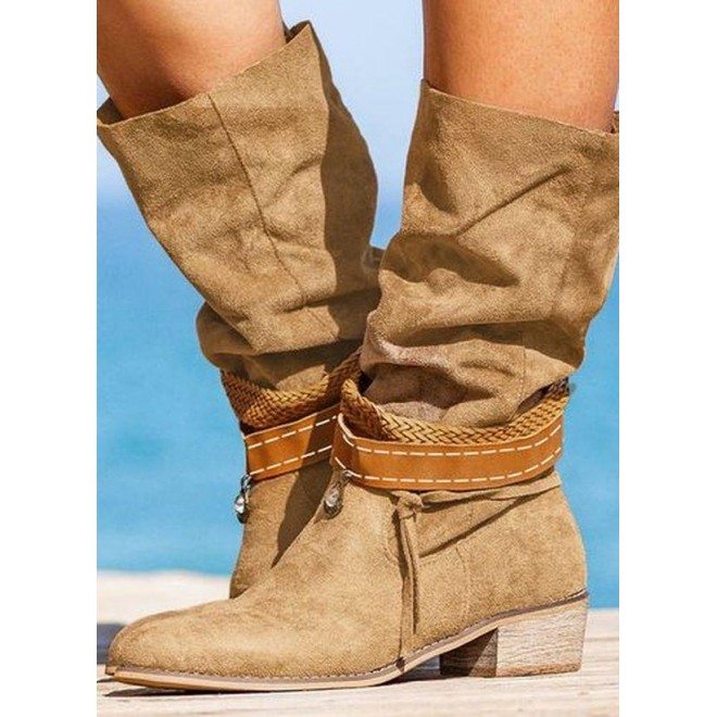 Women's Lace-up Mid-Calf Boots Round Toe Heels Chunky Heel Boots