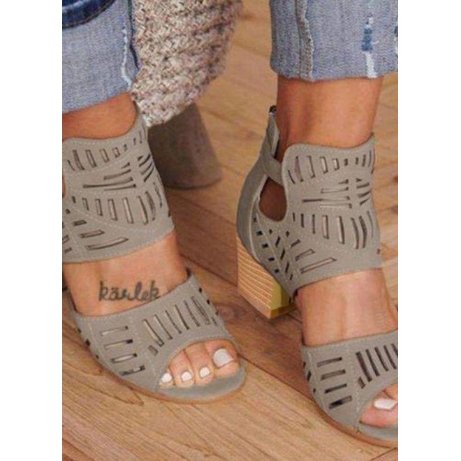Women's Buckle Hollow-out Heels Nubuck Chunky Heel Sandals