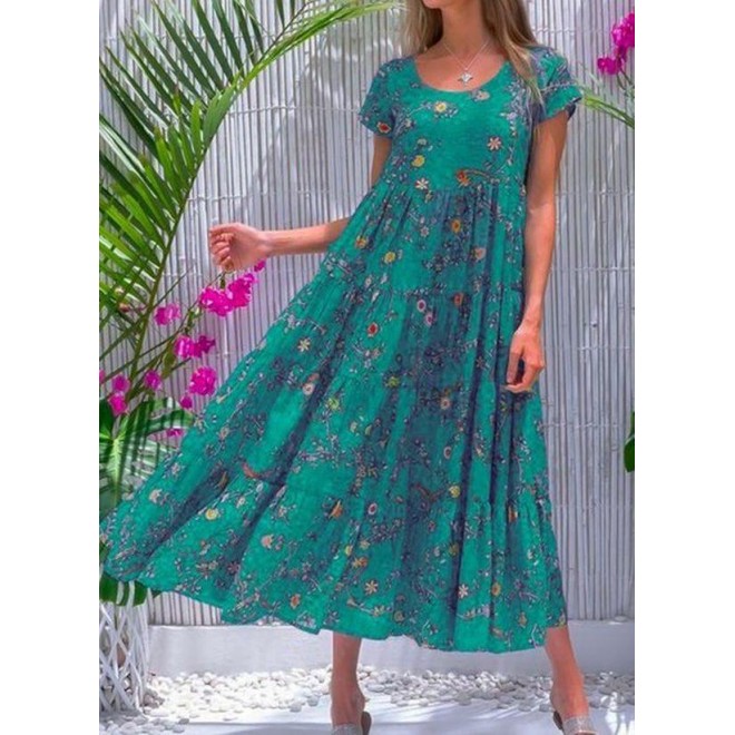 Casual Floral Tunic Round Neckline A-line Dress