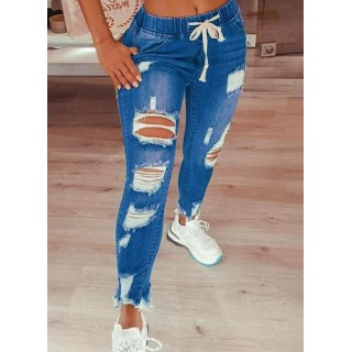 Casual Skinny Hollow Out Pockets Mid Waist Polyester Jeans Pants