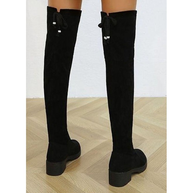 Women's Lace-up Knee High Boots Closed Toe Cloth Low Heel Boots