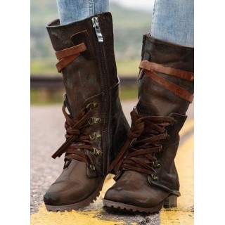 Women's Buckle Lace-up Mid-Calf Boots Round Toe Heels Chunky Heel Boots