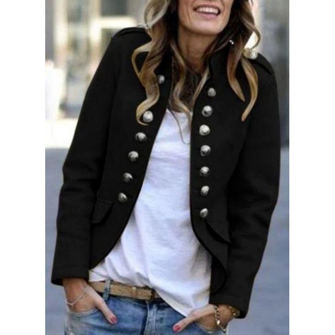 Long Sleeve Stand Collar Buttons Pockets Jackets