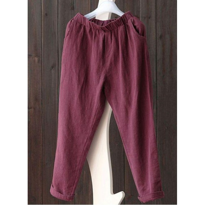 Casual Straight Pockets Mid Waist Cotton Pants