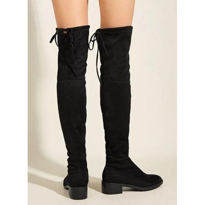 Women's Lace-up Over The Knee Boots Closed Toe Nubuck Chunky Heel Boots