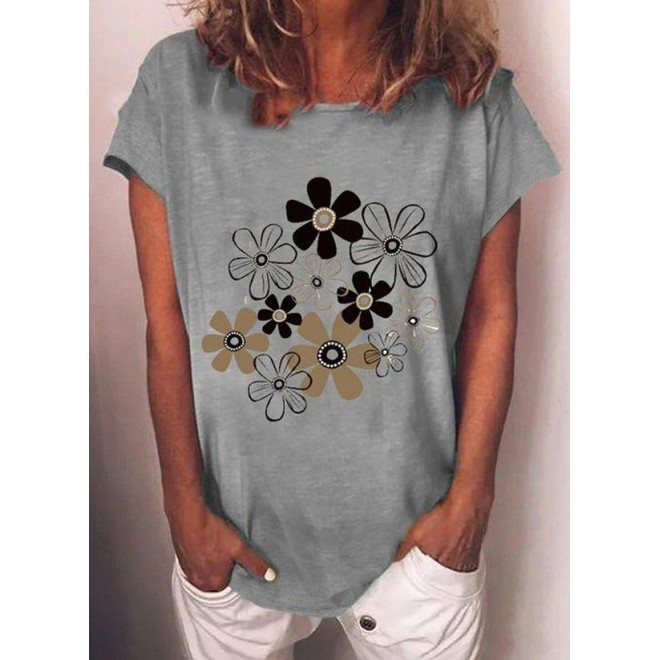 Floral Round Neck Short Sleeve Casual T-shirts