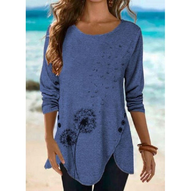 Floral Round Neck Long Sleeve Casual T-shirts