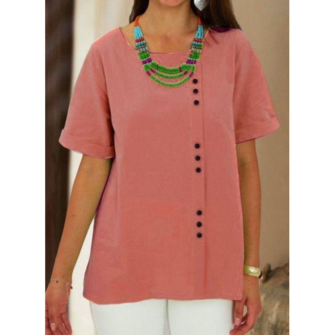 Solid Casual Round Neckline Short Sleeve Blouses