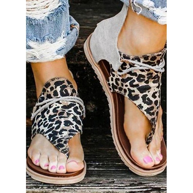 Women's Leopard Lace-up Flip-Stands Flat Heel Sandals