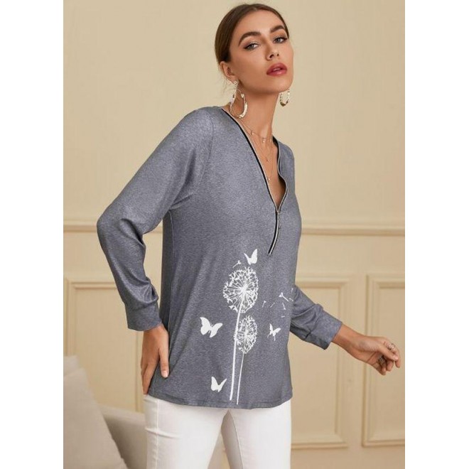 Floral V-Neckline Long Sleeve Casual T-shirts