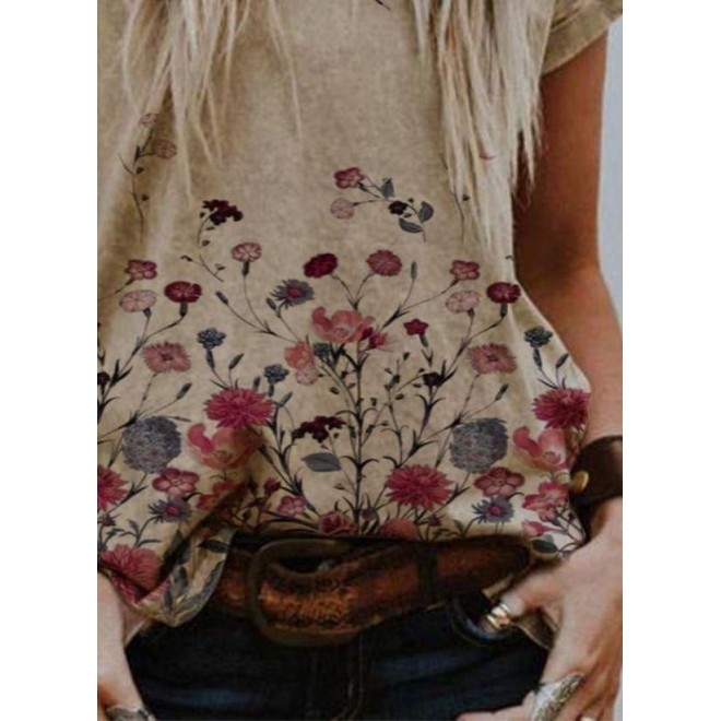 Floral Casual Round Neckline Short Sleeve Blouses