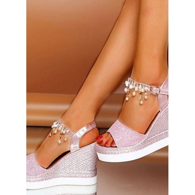 Women's Rhinestone Pearl Buckle Heels Sparkling Glitter Wedge Heel Sandals