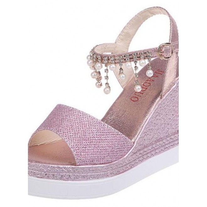 Women's Rhinestone Pearl Buckle Heels Sparkling Glitter Wedge Heel Sandals
