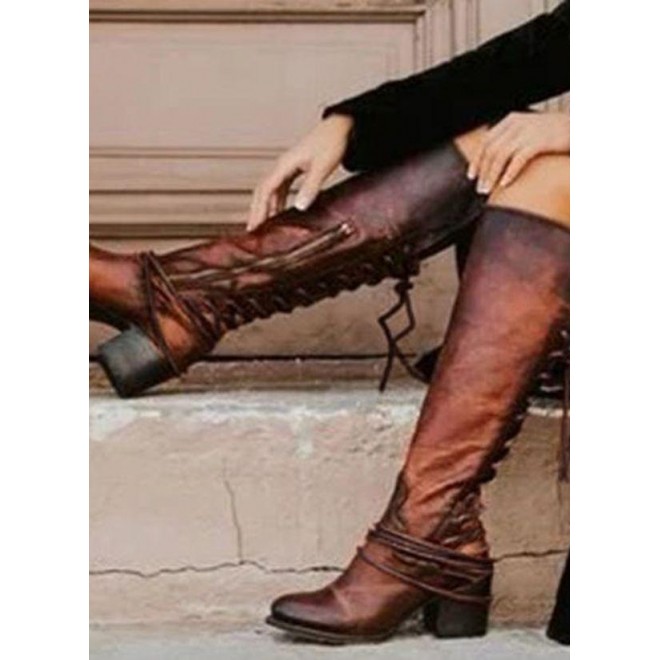 Women's Zipper Lace-up Knee High Boots Round Toe Heels Chunky Heel Boots
