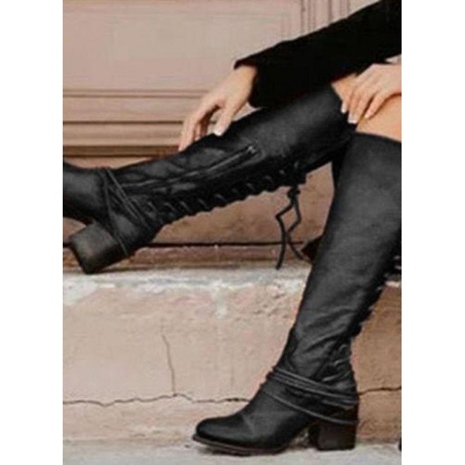 Women's Zipper Lace-up Knee High Boots Round Toe Heels Chunky Heel Boots