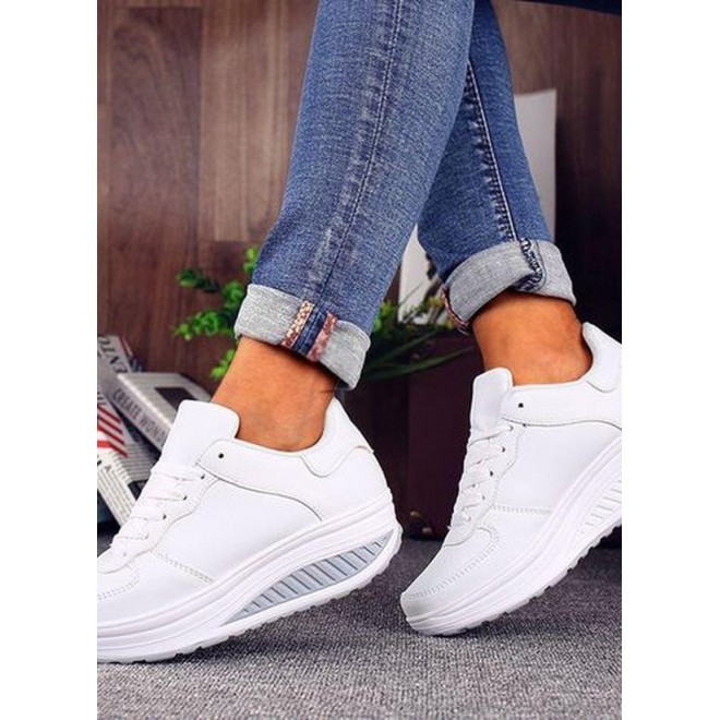 Women's Lace-up Closed Toe Fabric Wedge Heel Sneakers