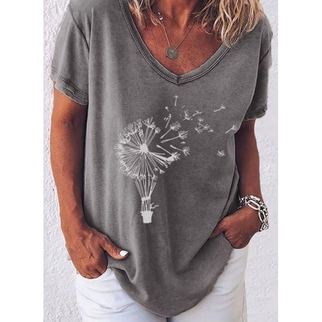 Floral V-Neckline Short Sleeve Casual T-shirts