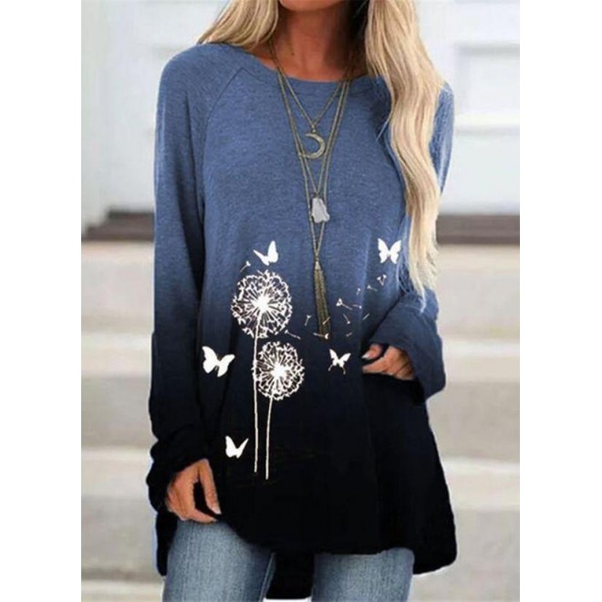 Floral Casual Round Neckline Long Sleeve Blouses